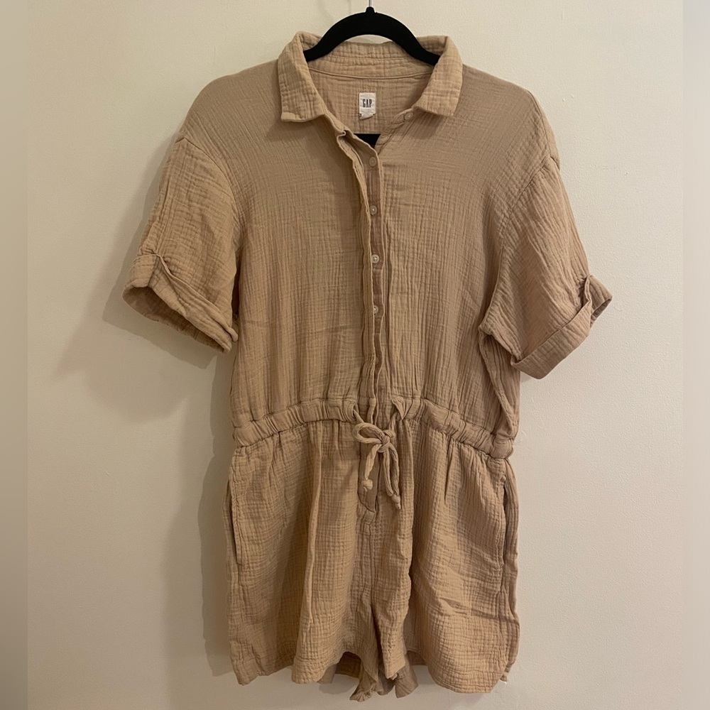 Tan Short Sleeve Button-Up Romper